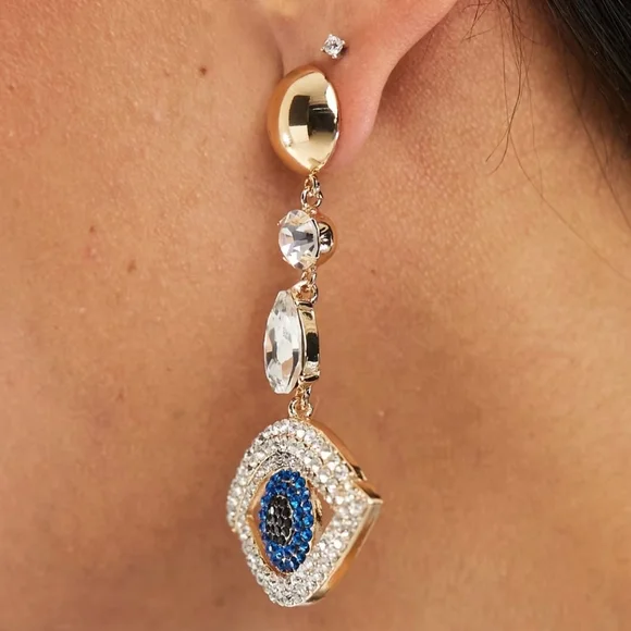 Aldo Gold Hamsa & Eye Drop Earrings with Blue Crystals Comes W Accessory Pouch - Picture 4 of 6